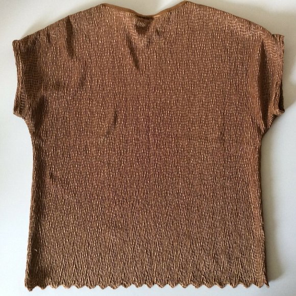 Brown Dressy Shirt Short Blouse Size Medium Solid Color Shiny Style Fashion - Picture 2 of 2